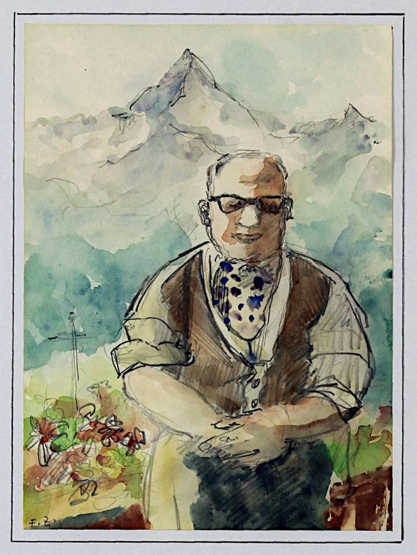 Zolnhofer, Fritz (Wolfstein 1896 - 1965 Saarbrücken), Älterer Mann vor Alpenkulisse, als - Bild 2 aus 2