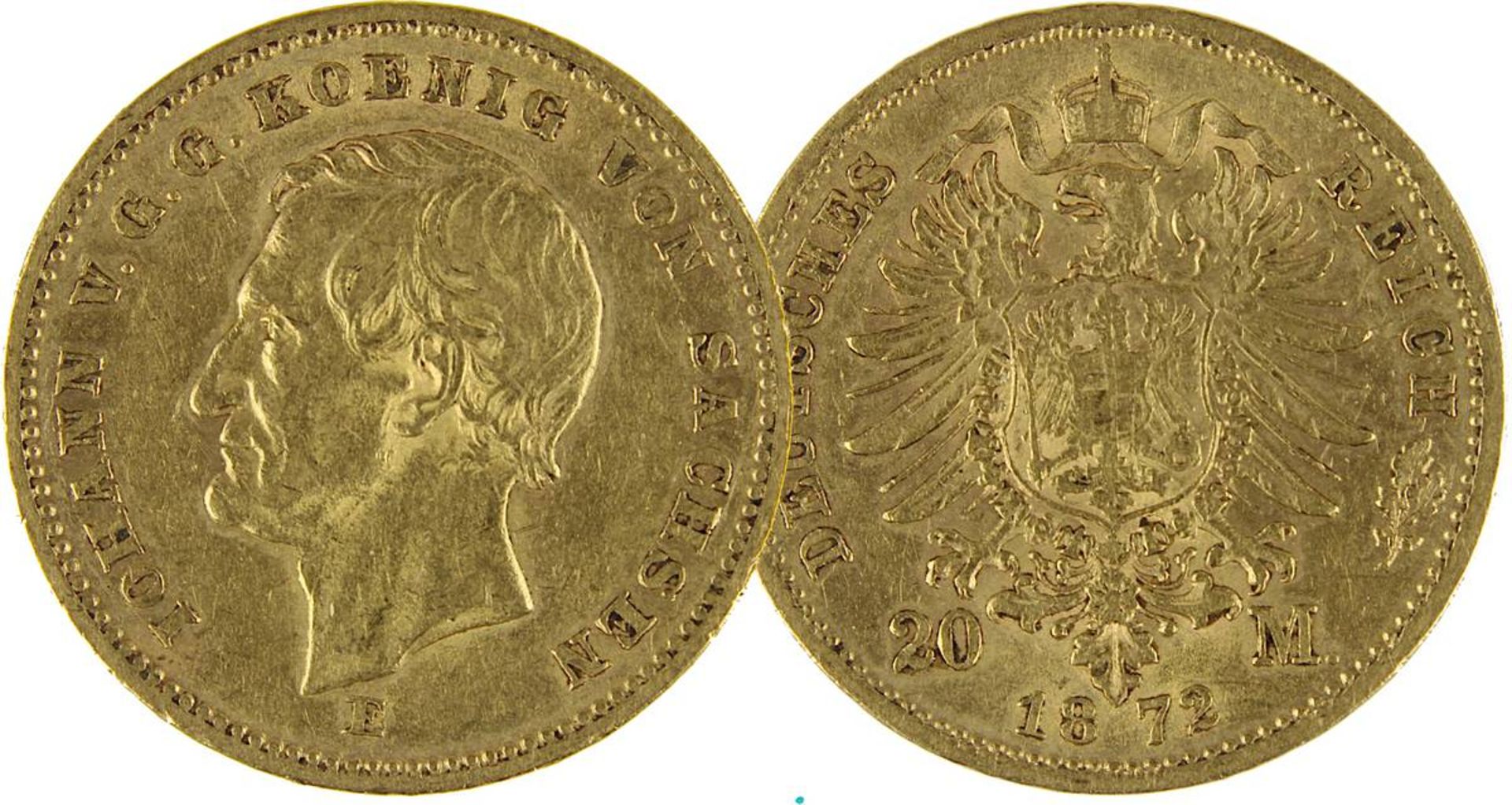 Goldmünze 20 Mark, Sachsen 1872 König Johann, Av. Kopf n. li., darunter E, und Umschrift, Rev.