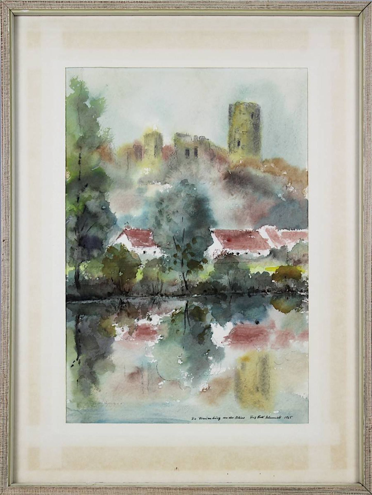 Schmidt, Fritz-Ludwig (Saarbrücken 1922 - 2008 Saarbrücken) "Die Frauenburg an der Blies", Aquarell,