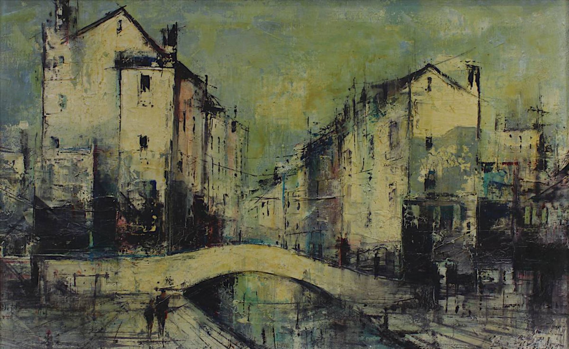 Maler, 2. H. 20. Jh., Ansicht einer wohl französischen Stadt mit Bogenbrücke, Öl auf Leinwand, re. - Bild 2 aus 3