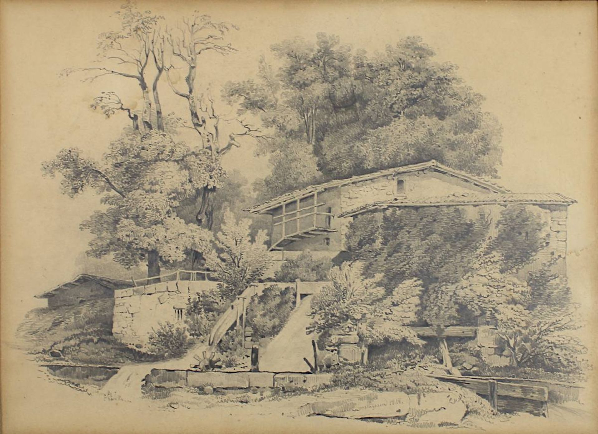 Gustafsson, A., Zeichner 1. H. bis M. 19. Jh, Gehöft mit Wasserlauf u. Wasserrad, - Bild 2 aus 2