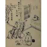 Buchseite mit japanischem Schwarzweiß-Holzschnitt, Anfang 19. Jh., Szenerie mit Weintrinker, der dem