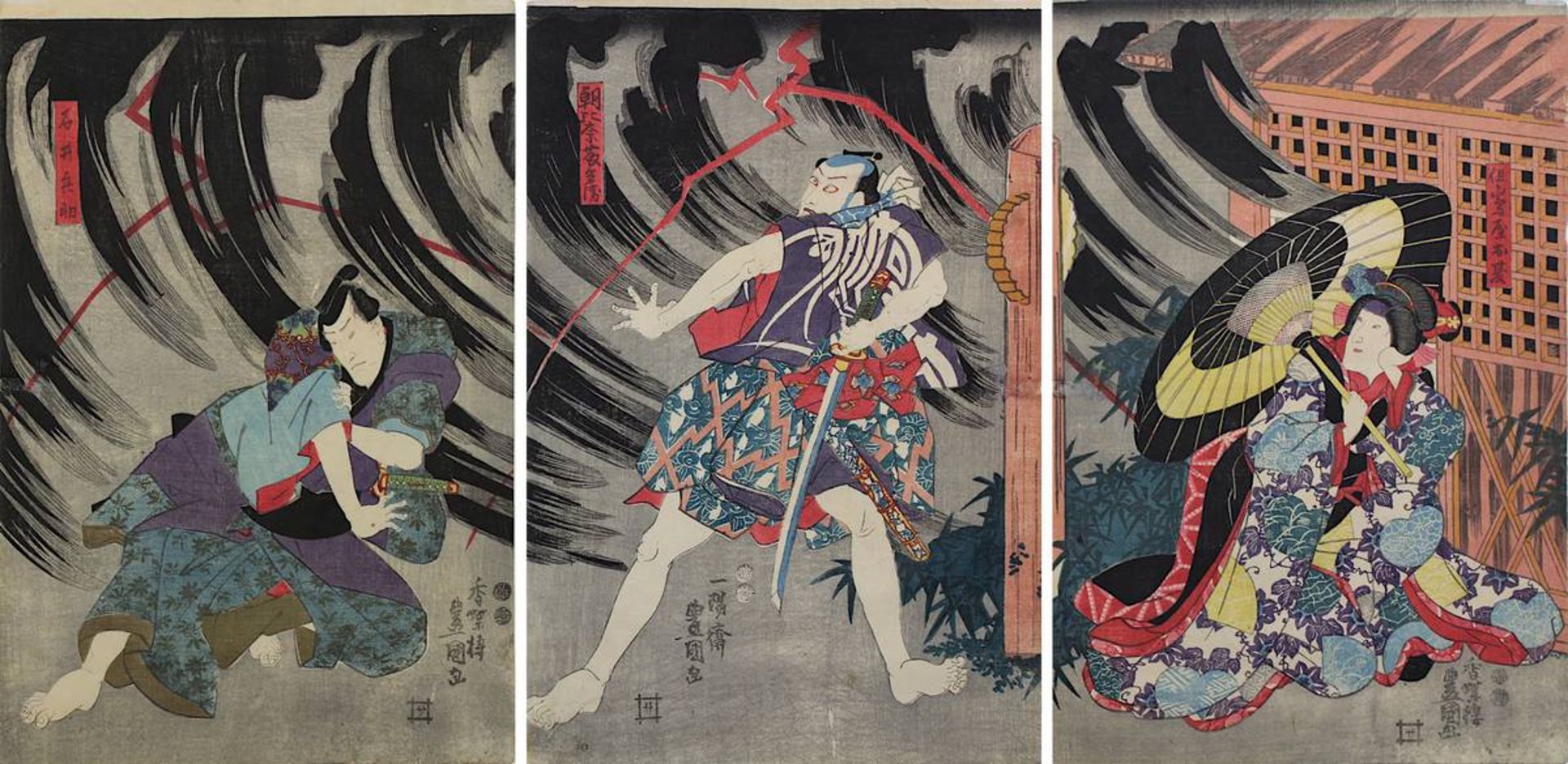 Utagawa Kunisada (1786 - 1865), 3 japanische Farbholzschnitte, Triptychon mit Theaterszene, um