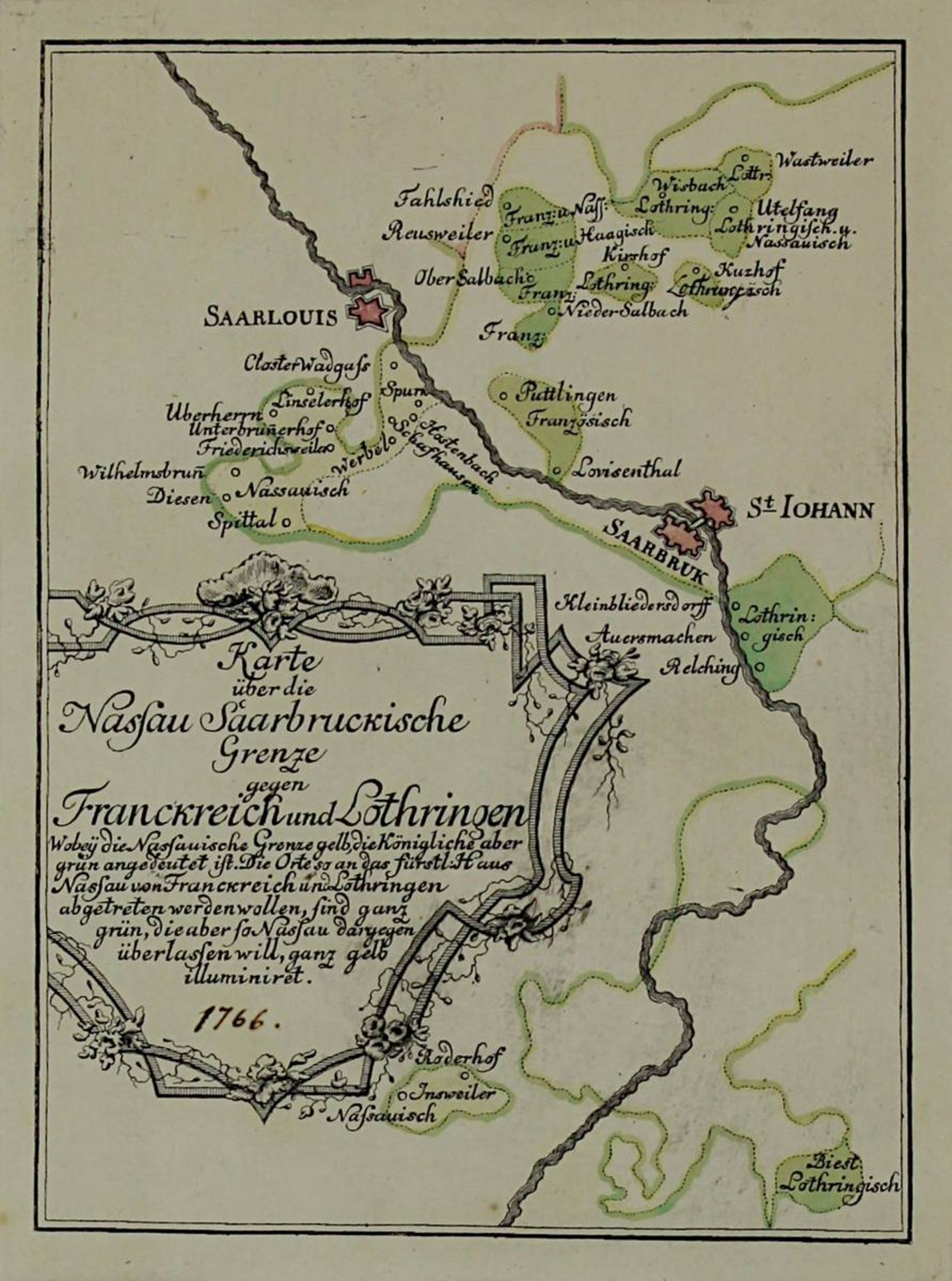 "Karte über die Nassau Saarbruckische Grenze gegen Franckreich und Lothringen ...", kolorierte - Bild 2 aus 2