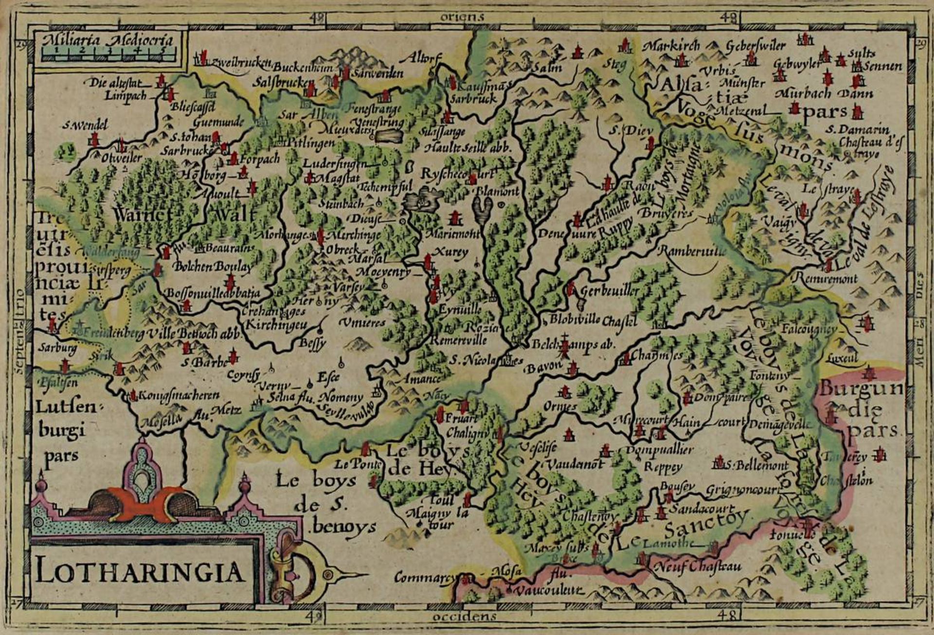 "Lotharingia" kolorierte Kupferstichkarte von Hondius n. Mercator, um 1610, 14 x 20,5 cm ( - Bild 2 aus 2