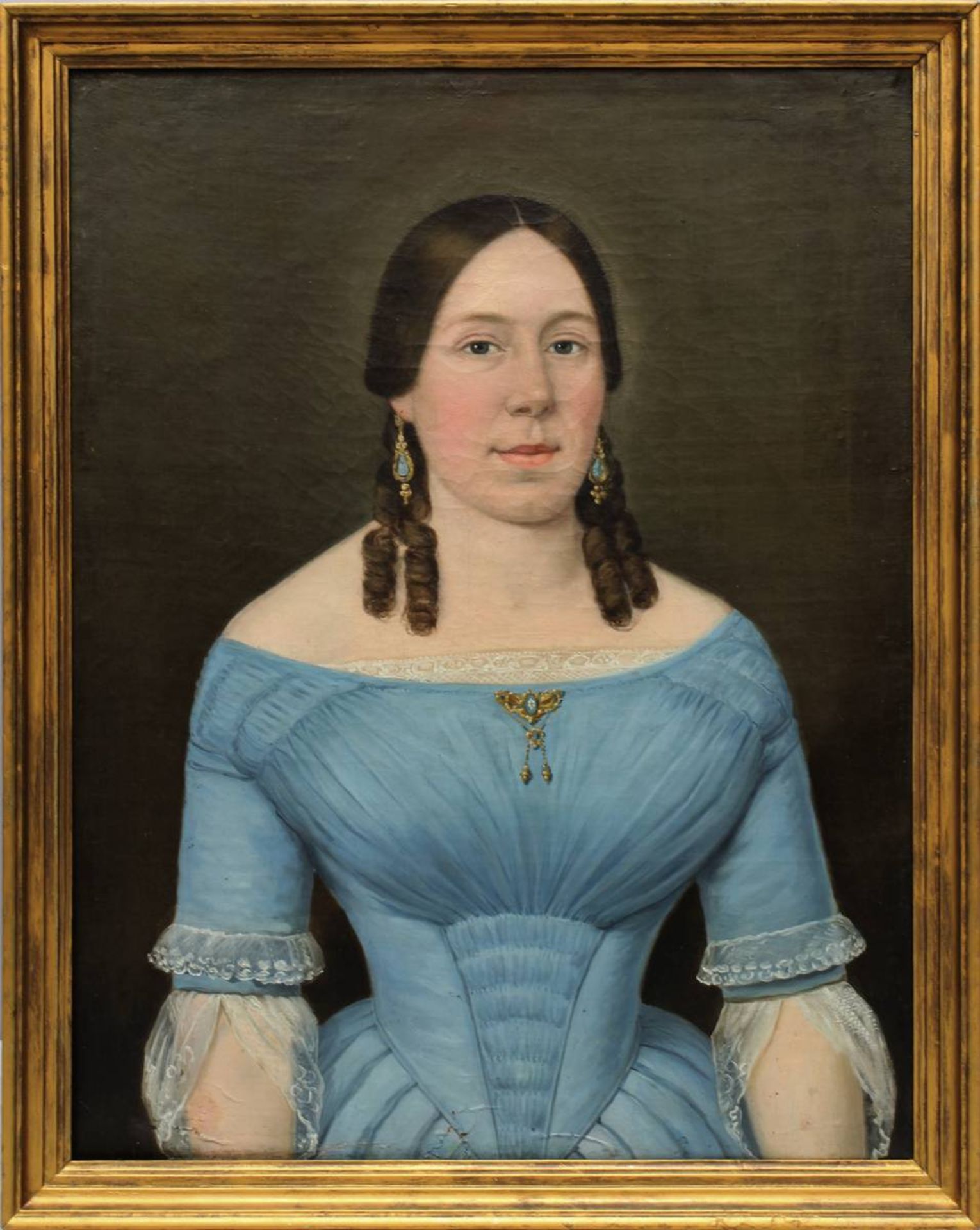 Biedermeier-Portrait einer jungen Dame im blauen Kleid, deutsch um 1830, Öl auf Leinwand,