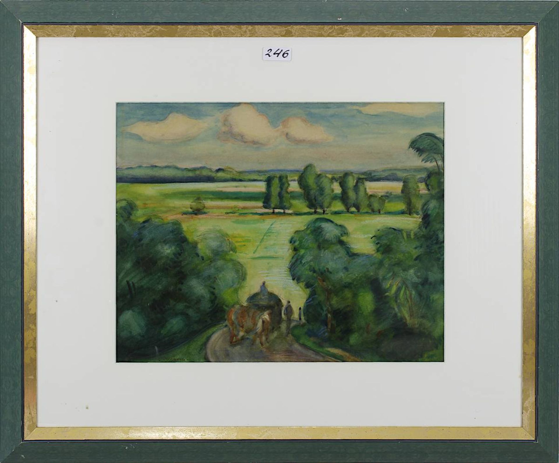 Pissarro, C., Aquarellmaler Anf. 20. Jh., Sommerliche Landschaft mit Pferdefurhwerk, Aquarell-