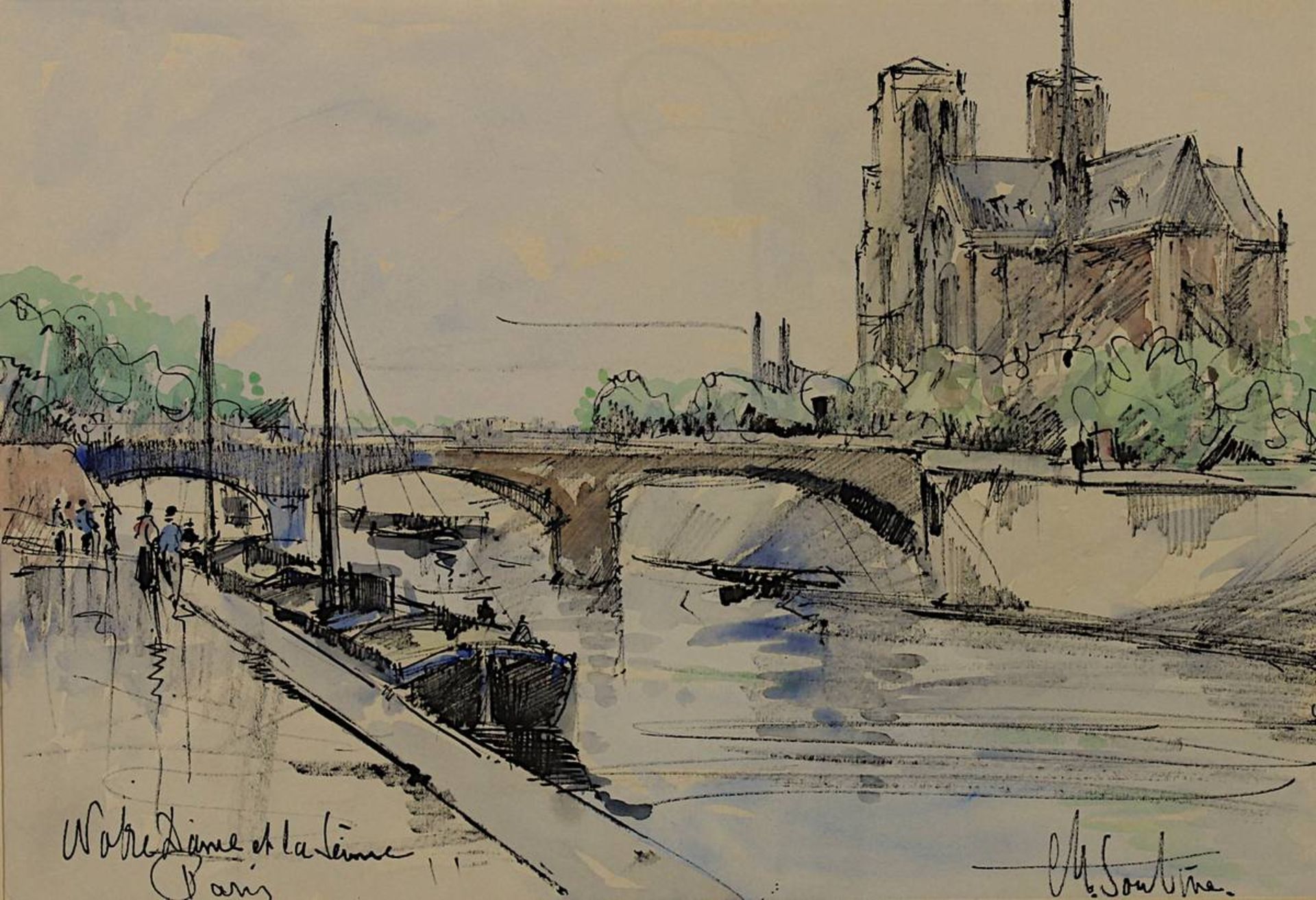 Soutine, Michel (1941-1986), "Notre Dame et la Seine, Paris", Aquarell-Mischtechnik, am unteren Rand - Bild 2 aus 2