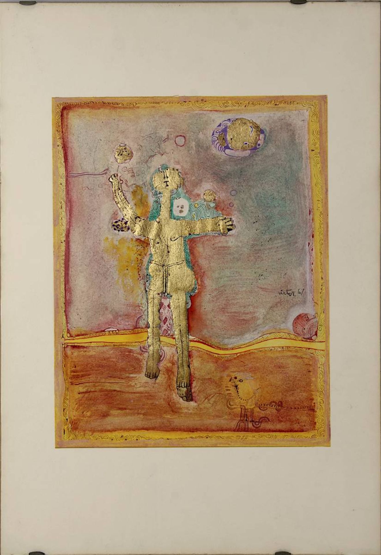 Victor, Künstler Mitte 20. Jh., Jongleur, Aquarell mit Blattgoldauflage, am rechten Rand signiert
