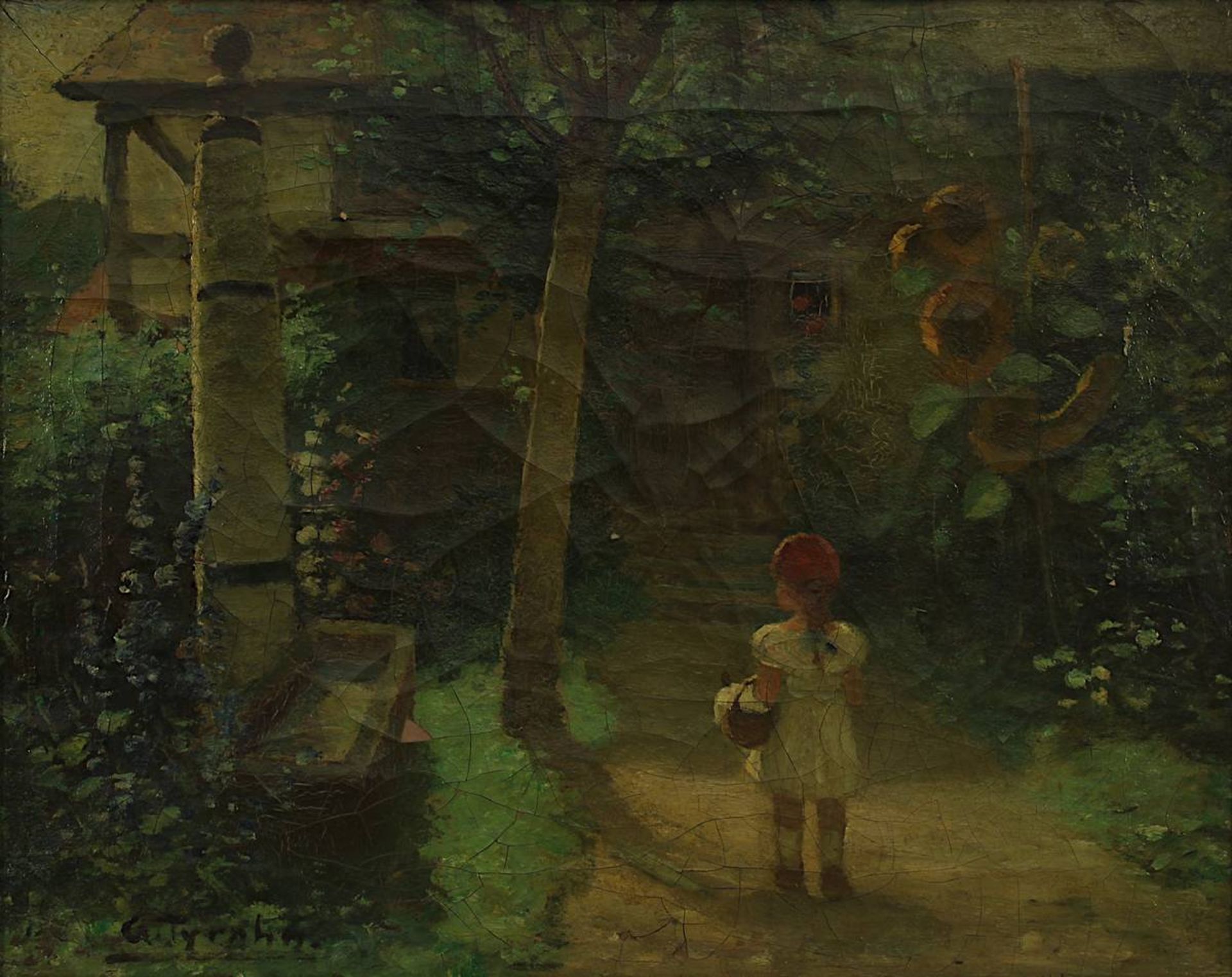 Tyrahn, Georg (Königsberg 1860 - 1917 Karlsruhe), deutscher Bildnis und Genremaler: Mädchen vor Haus - Bild 2 aus 4