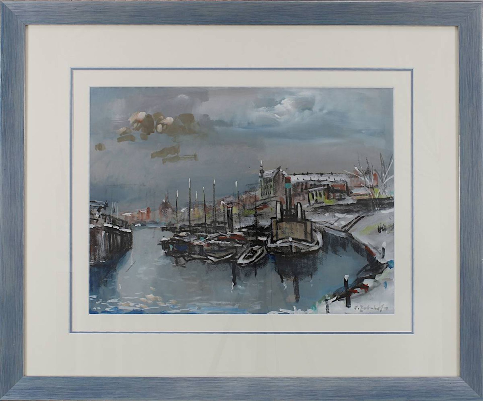 Zolnhofer, Fritz (Wolfstein 1896 - 1965 Saarbrücken), Verschneite Segelboote im Hafen, Gouache,