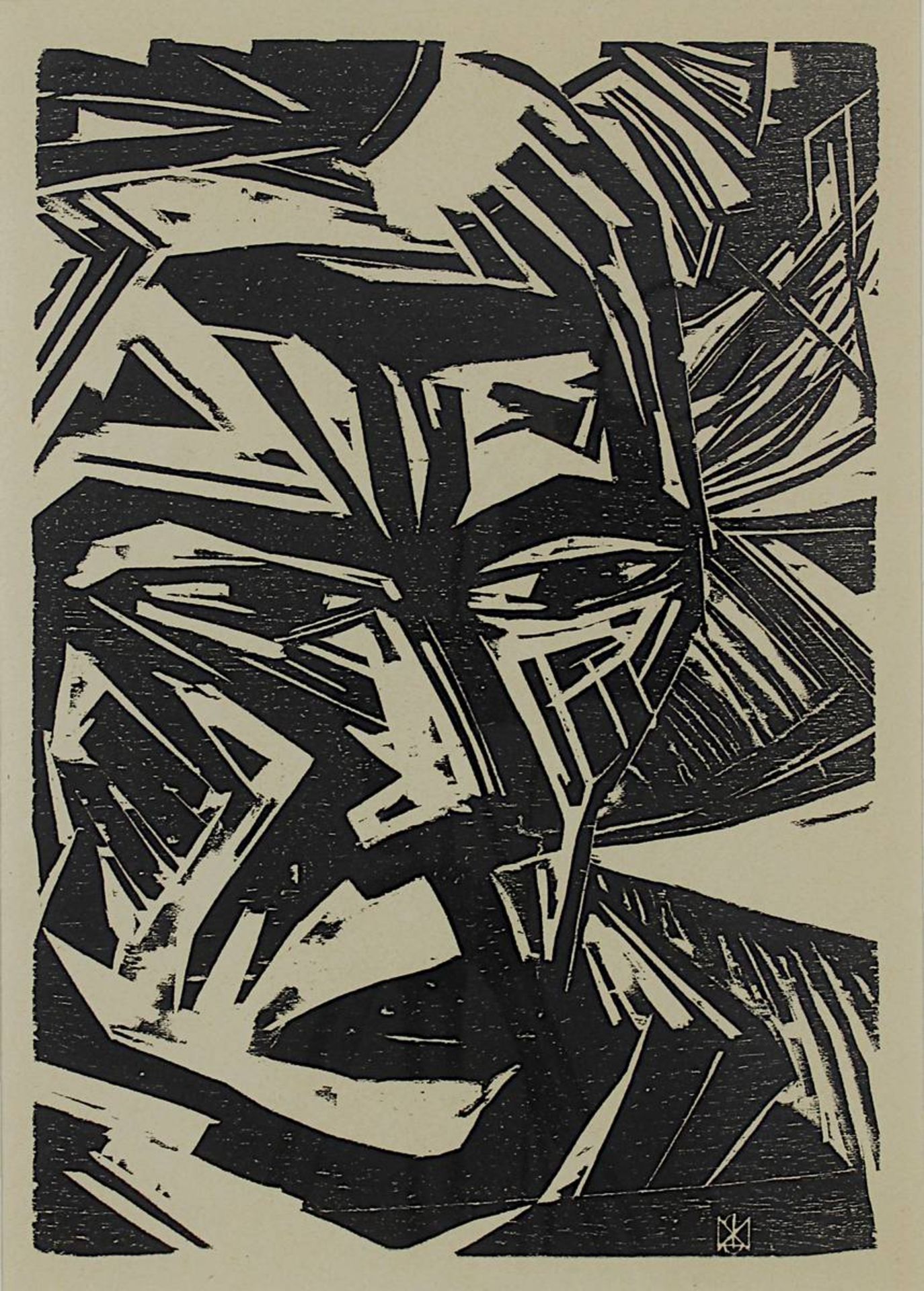 Kaus, Max (Berlin 1891 - 1977 Berlin), Kopf - Selbstbildniss, Holzschnitt, um 1920, im Stock - Bild 2 aus 2