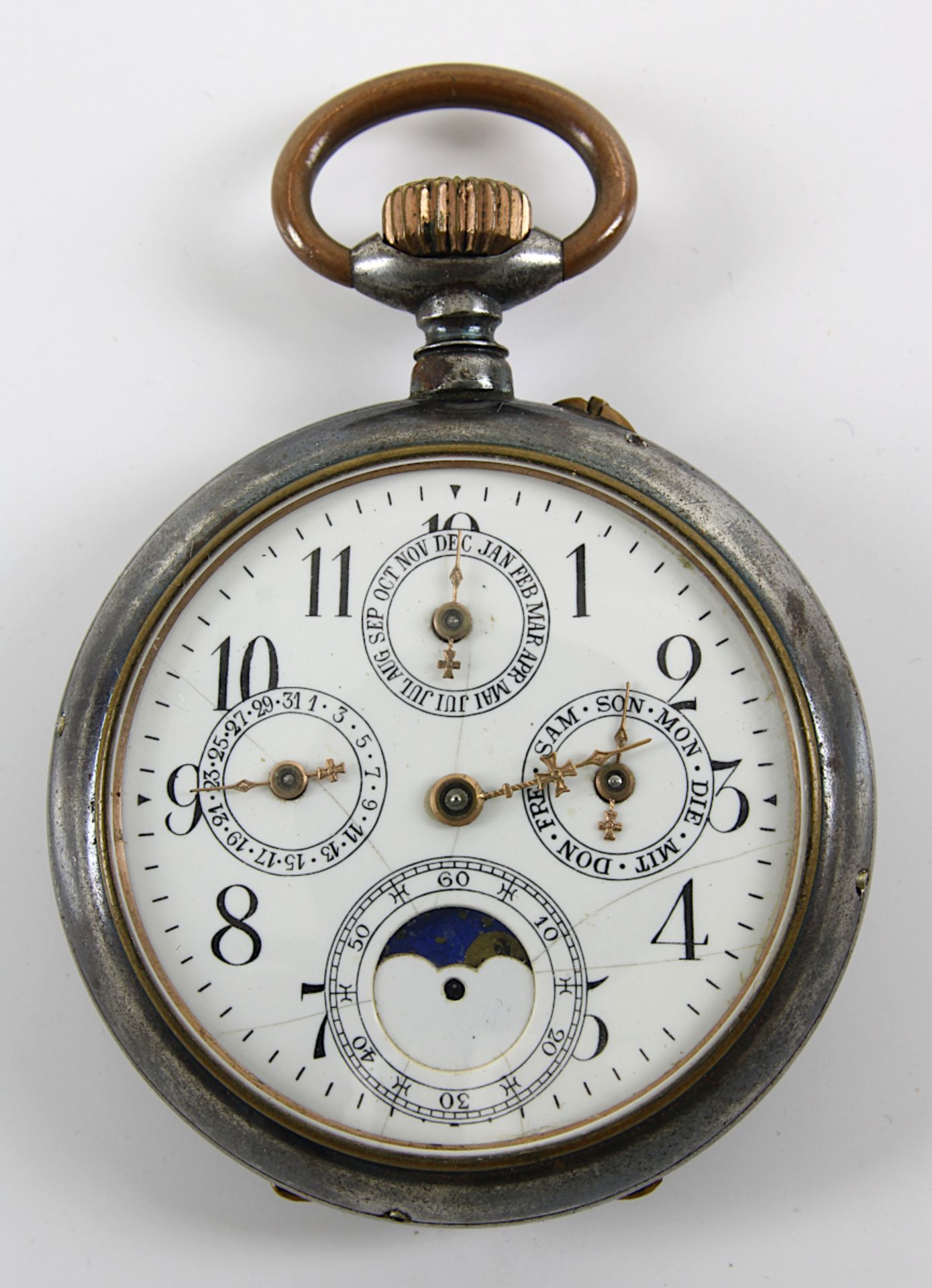 Komplikations-Taschenuhr mit Mondphase, Schweiz um 1900, Eisengehäuse, vergoldetes Brückenwerk mit - Bild 2 aus 5