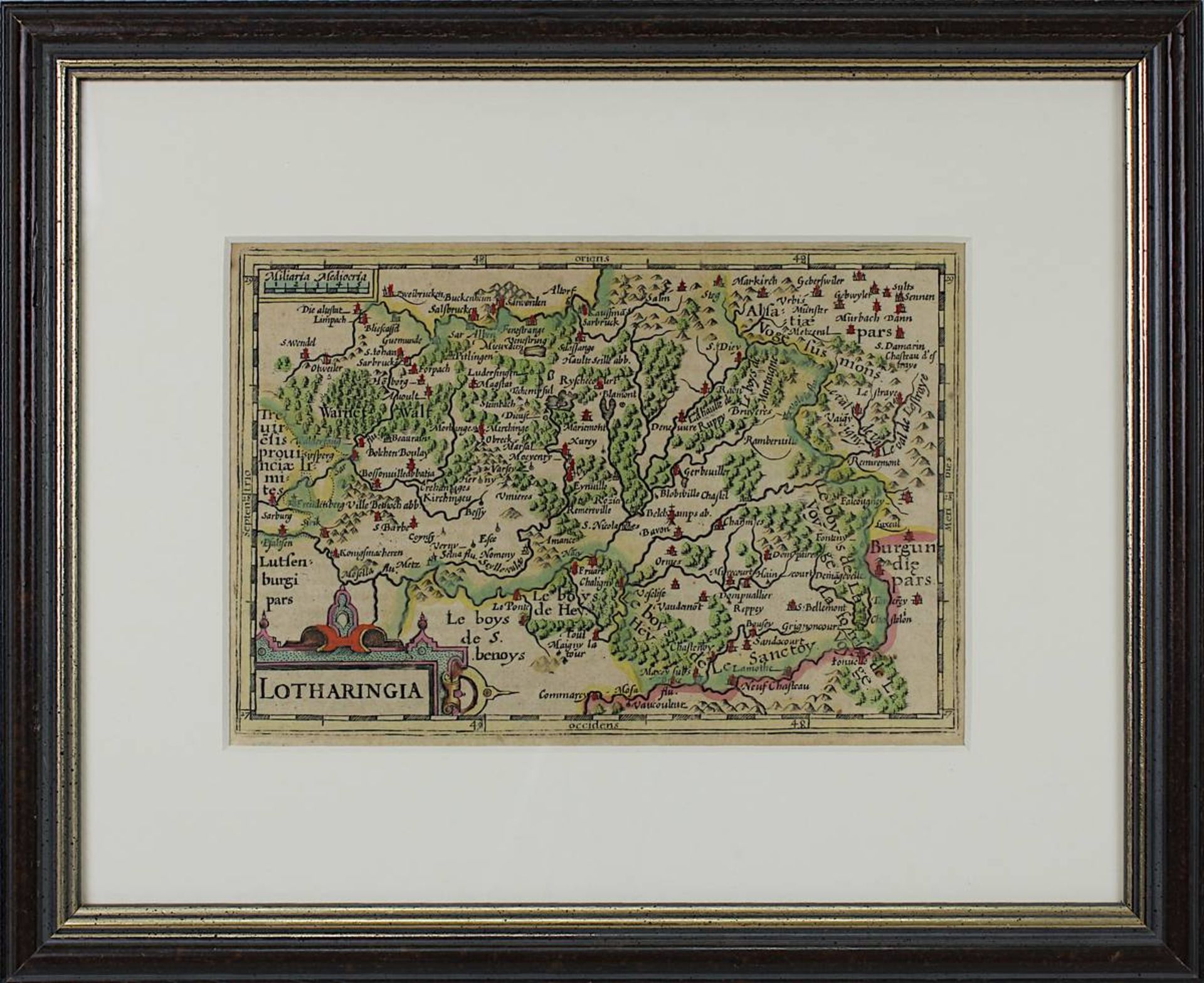 "Lotharingia" kolorierte Kupferstichkarte von Hondius n. Mercator, um 1610, 14 x 20,5 cm (