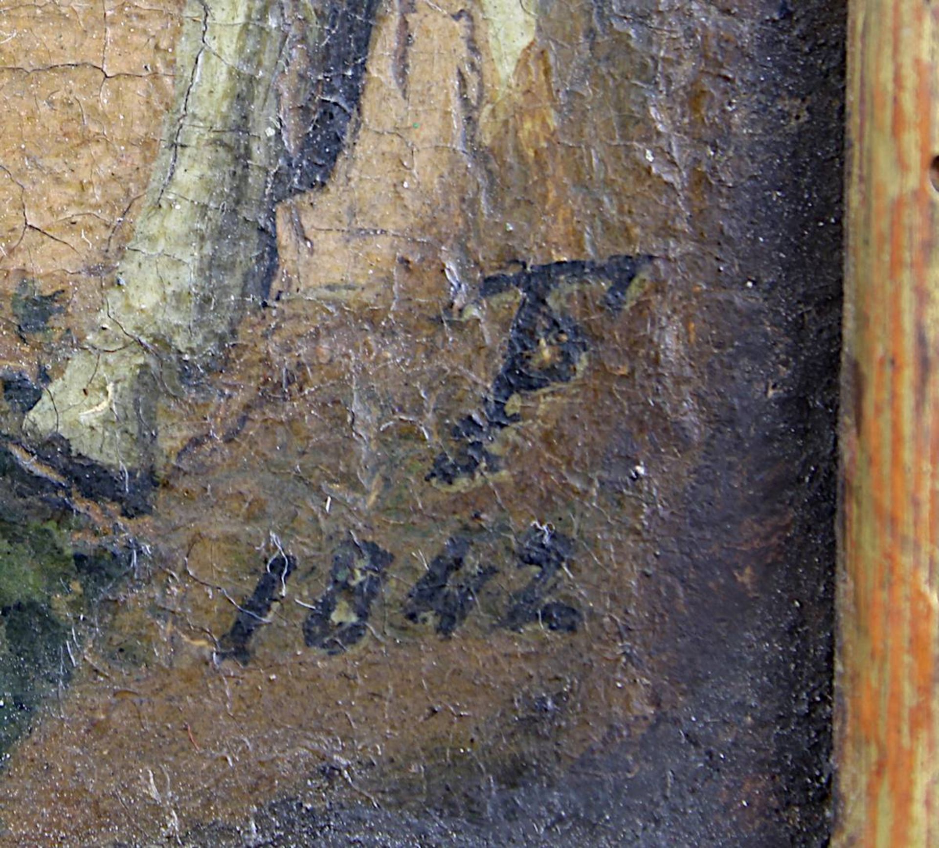 Genremaler (19.Jh.), Edelleute zu Pferd vor Torbogen, Hintergrund mit Burg- und Klosteranlage, im - Bild 4 aus 4