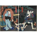 Utagawa Kunisada (1786 - 1865), 2 japanische Farbholzschnitte, Diptychon mit Theaterszene,