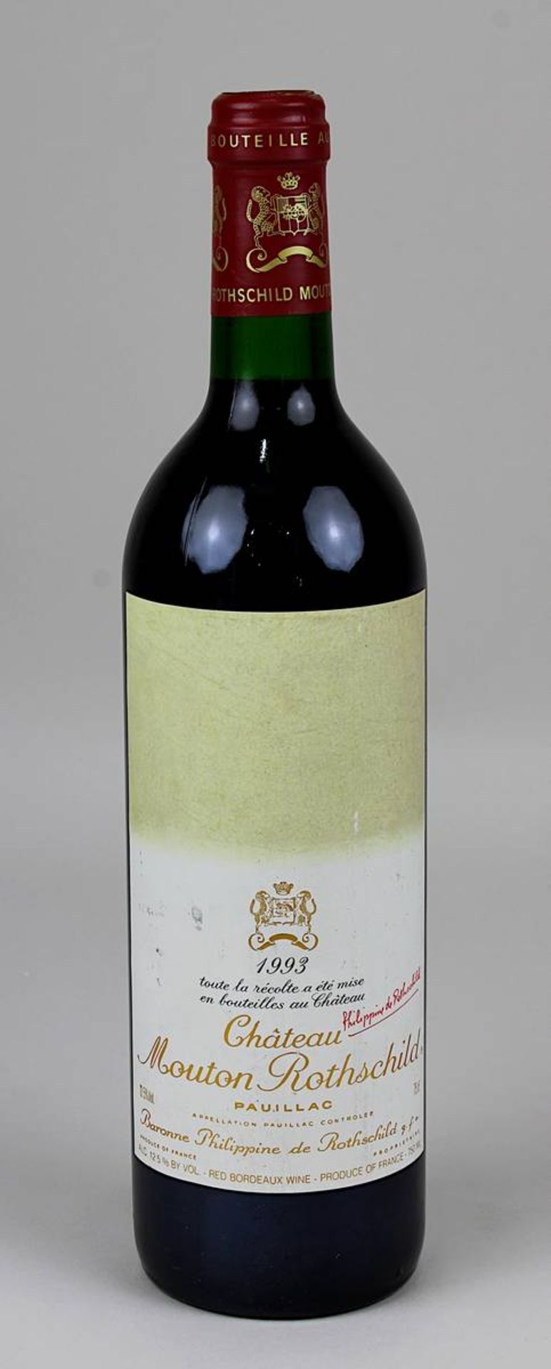 Eine Flasche 1993er Château Mouton Rothschild, Pauillac, Bordeaux, Baronne Philippine de Rothschild,