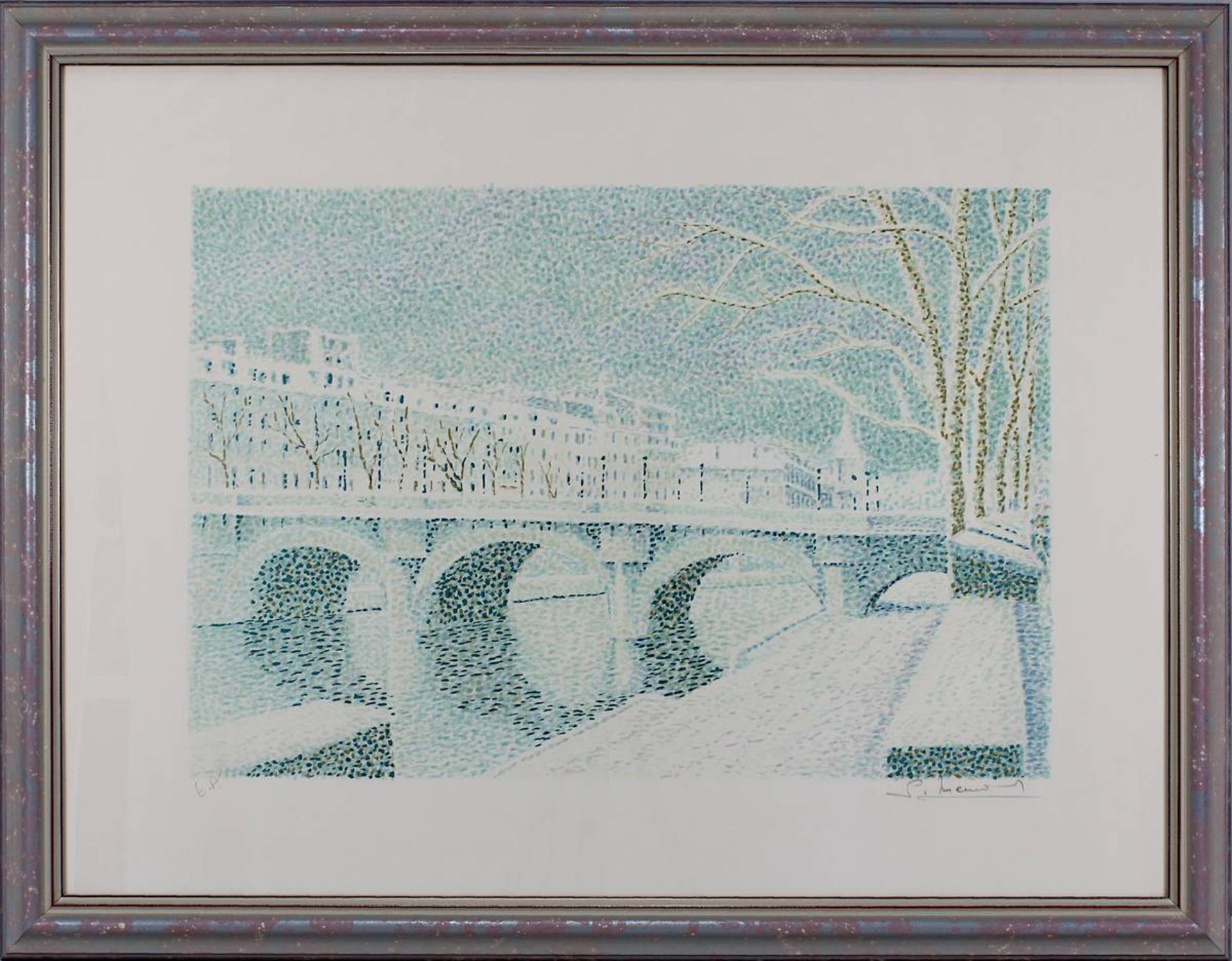 Mendjisky, Serge (Paris 1929 - 2017 Paris), Flussufer mit Bogenbrücke, wohl Seineufer in Paris,