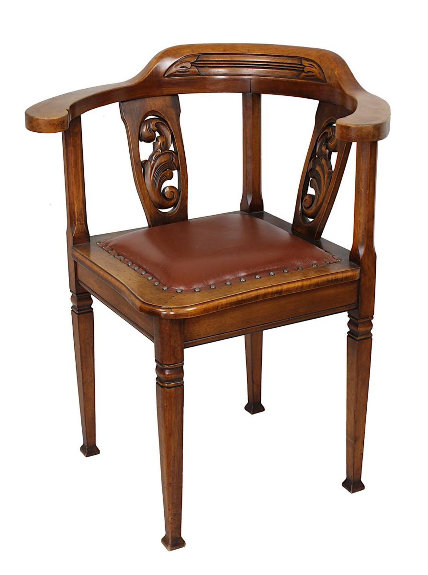 Schreibtisch-Stuhl, deutsch um 1900, Buchen- und Nussholz, rautenförmige Sitzfläche, geschwungene