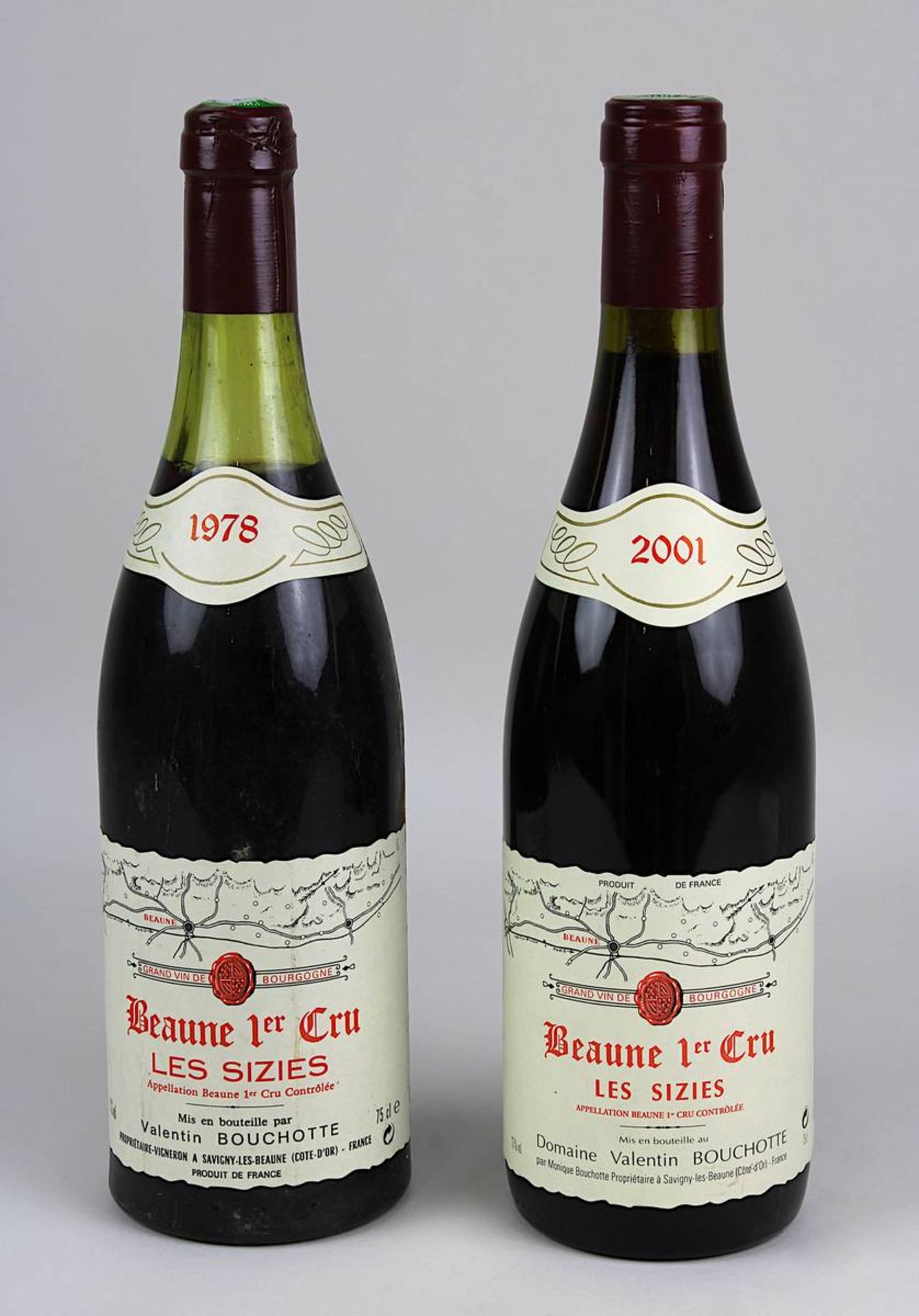 Zwei Flaschen Beaune 1er Cru, Les Sizies, 1978 u. 2001, Domaine Valentin Bouchotte, Savigny-Les-