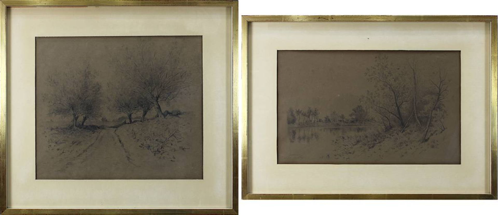 2 Landschaftszeichnungen, 2. H. 19. Jh.: Flusslandschaft, Bleistiftzeichnung auf braunem Papier,