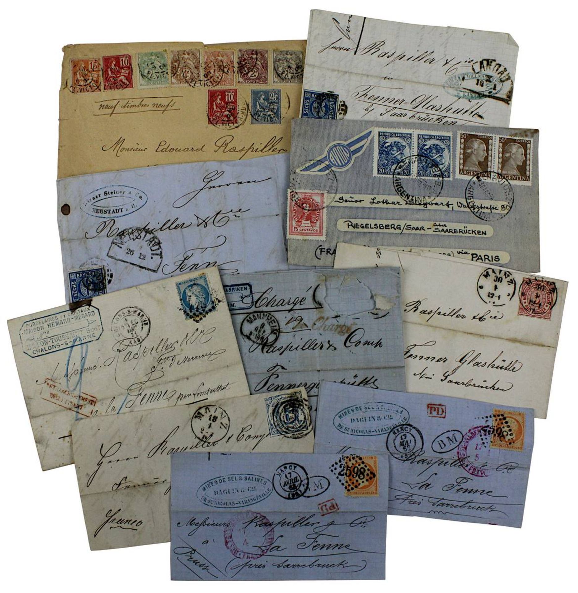 Zehn Briefumschläge bzw. Vorderseiten mit Briefmarken, gelaufen, 2. H. 19. - M. 20. Jh.,