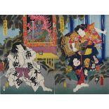 Utagawa Kunisada (1786 - 1865), 2 japanische Farbholzschnitte, Diptychon mit Theaterszene,