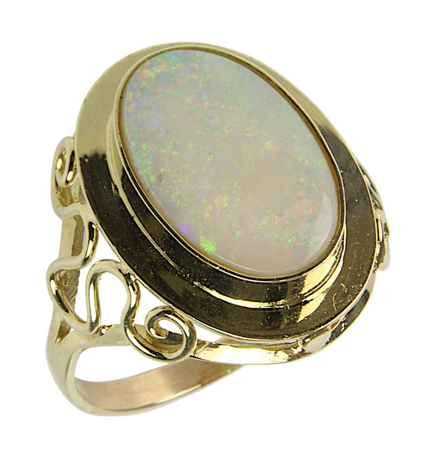 Gelbgold-Ring mit Opal, deutsch 1950er Jahre, handgefertigte Ringschiene nicht gestempelt, aber