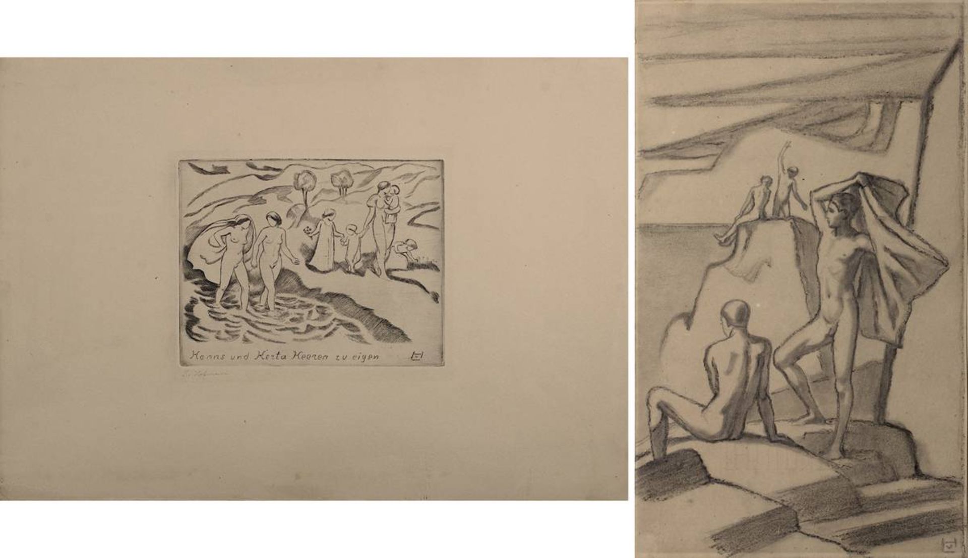 Hofmann, Ludwig von (Darmstadt 1861 - 1945 Pillnitz/Dresden), 2 Arbeiten: Akte am Meer, lavierte