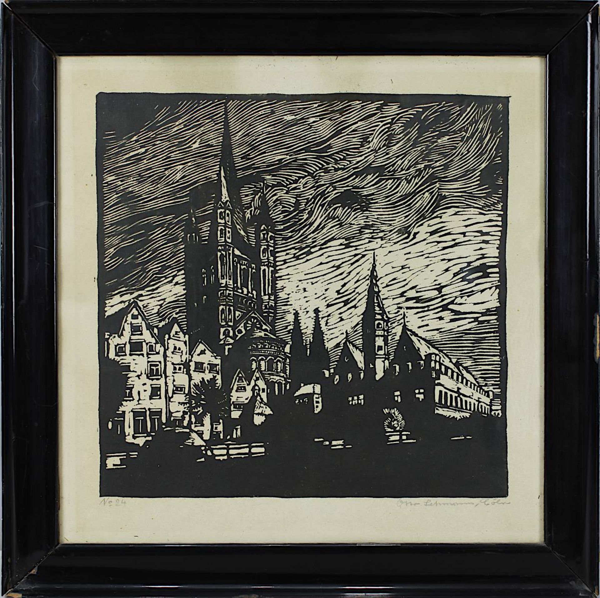 Lehmann, Otto (geb. Köln 1889), "St. Martin in Köln am Abend", orig. Linolschnitt um 1920/30, am