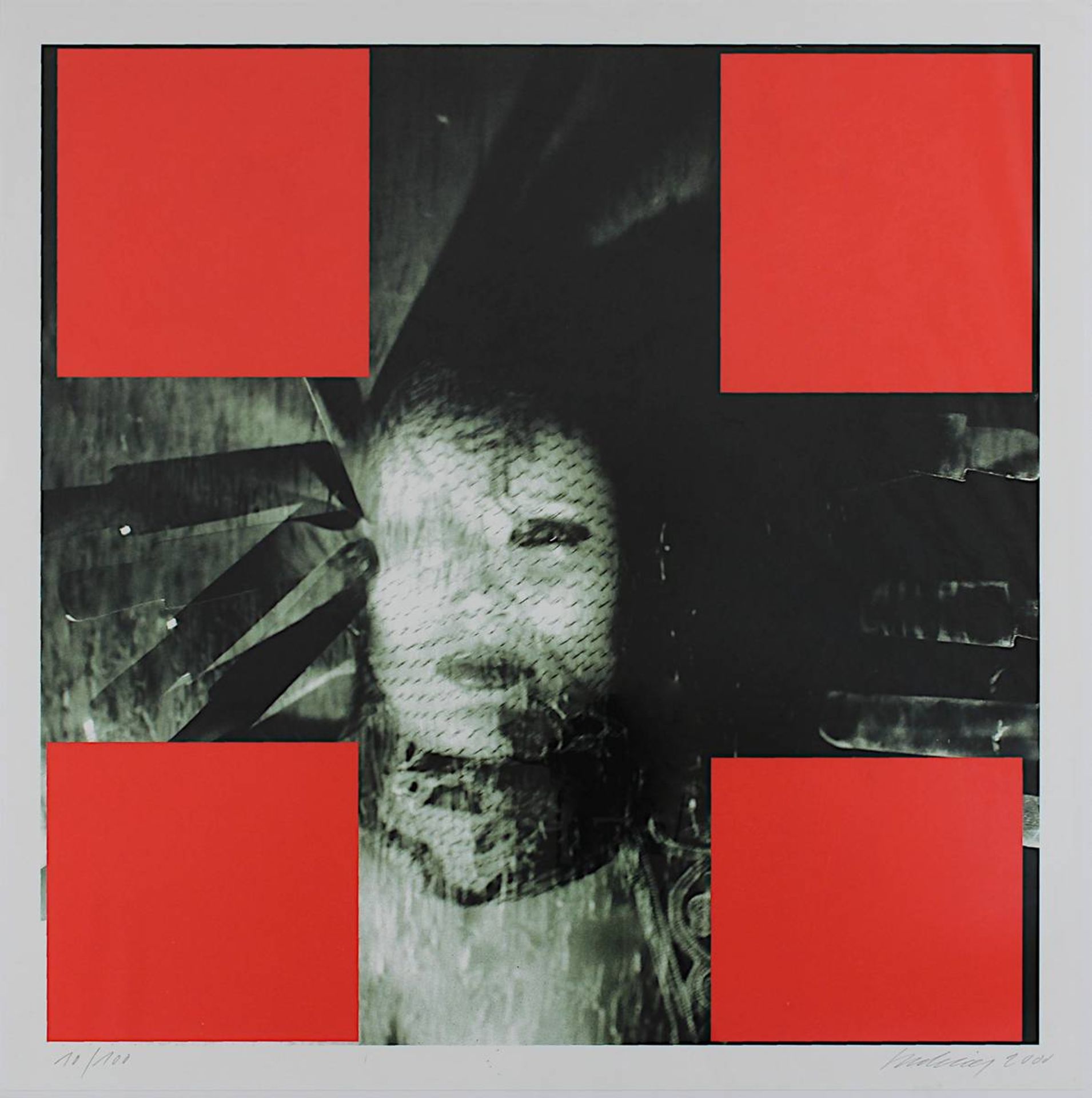 Zeitgenössischer Künstler, Grafik mit Model in Schwarzweiß und roten Quadraten, Mischtechnik, am - Bild 2 aus 2