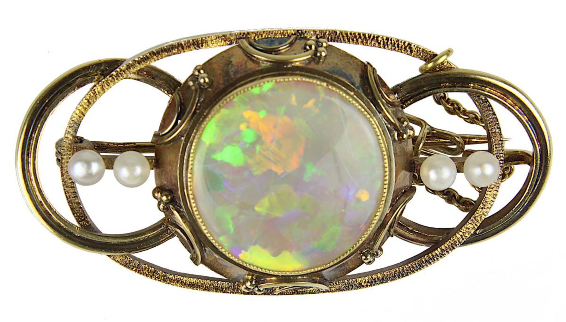 Jugendstil-Brosche in Gelbgold mit Opal und Perlen, deutsch um 1910, handgefertigte Fassung auf