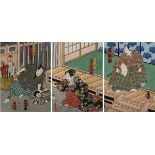 Utagawa Kunisada (1786 - 1865), 3 japanische Farbholzschnitte, Triptychon mit Theaterszene, 1861,