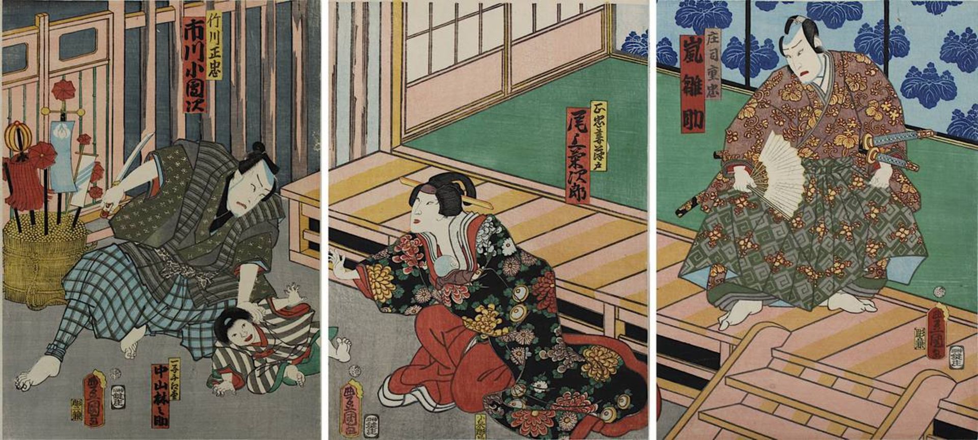 Utagawa Kunisada (1786 - 1865), 3 japanische Farbholzschnitte, Triptychon mit Theaterszene, 1861,
