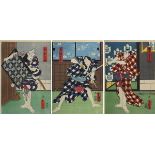 Utagawa Kunisada (1786 - 1865), 3 japanische Farbholzschnitte mit Darstellungen von Schauspielern: