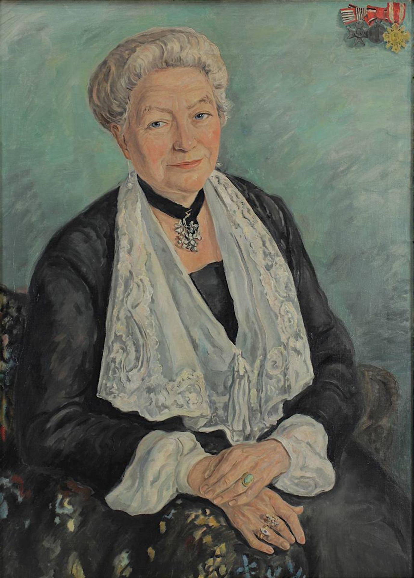 Porträtmaler 1. H. 20. Jh., Halbporträt einer älteren Dame im schwarzen Samtkleid, der Ärztin Dr. - Bild 2 aus 3