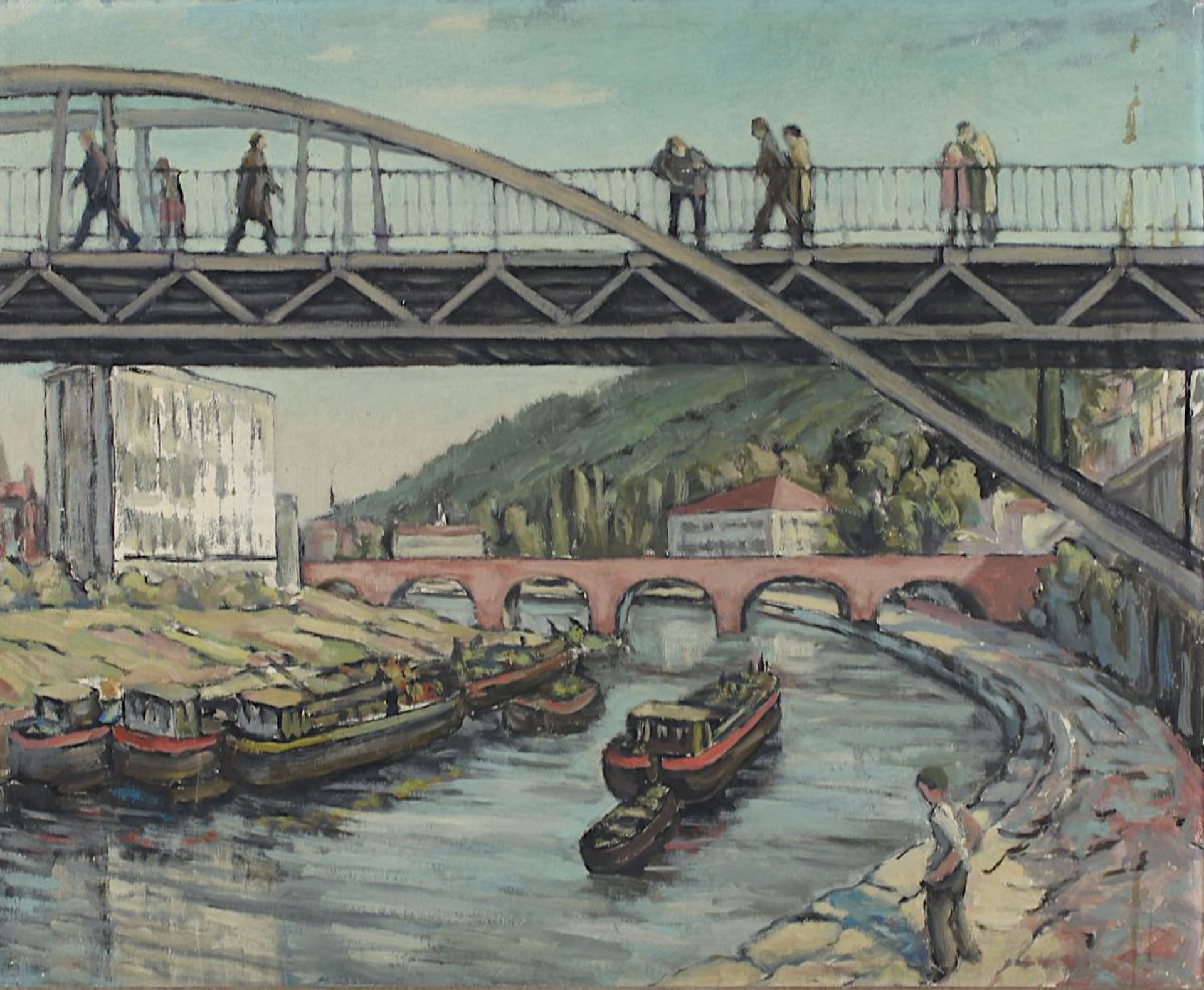 Saarländischer Maler M. 20. Jh., Blick auf die Alte Brücke in Saarbrücken mit Saarkähnen und - Bild 2 aus 3