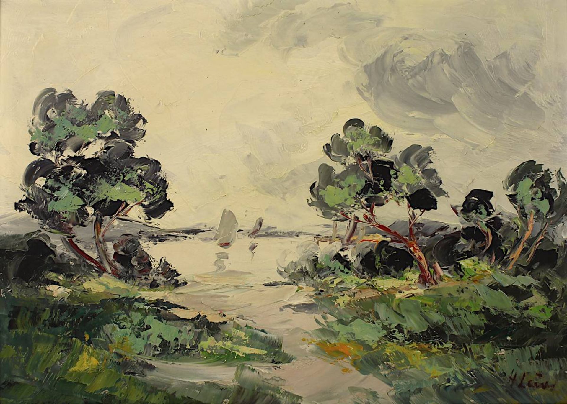 Lauer, Heinz Maria (Gunzenau 1924 - 2014 Saarbrücken), Landschaft mit See u. Booten, Öl auf - Bild 2 aus 3