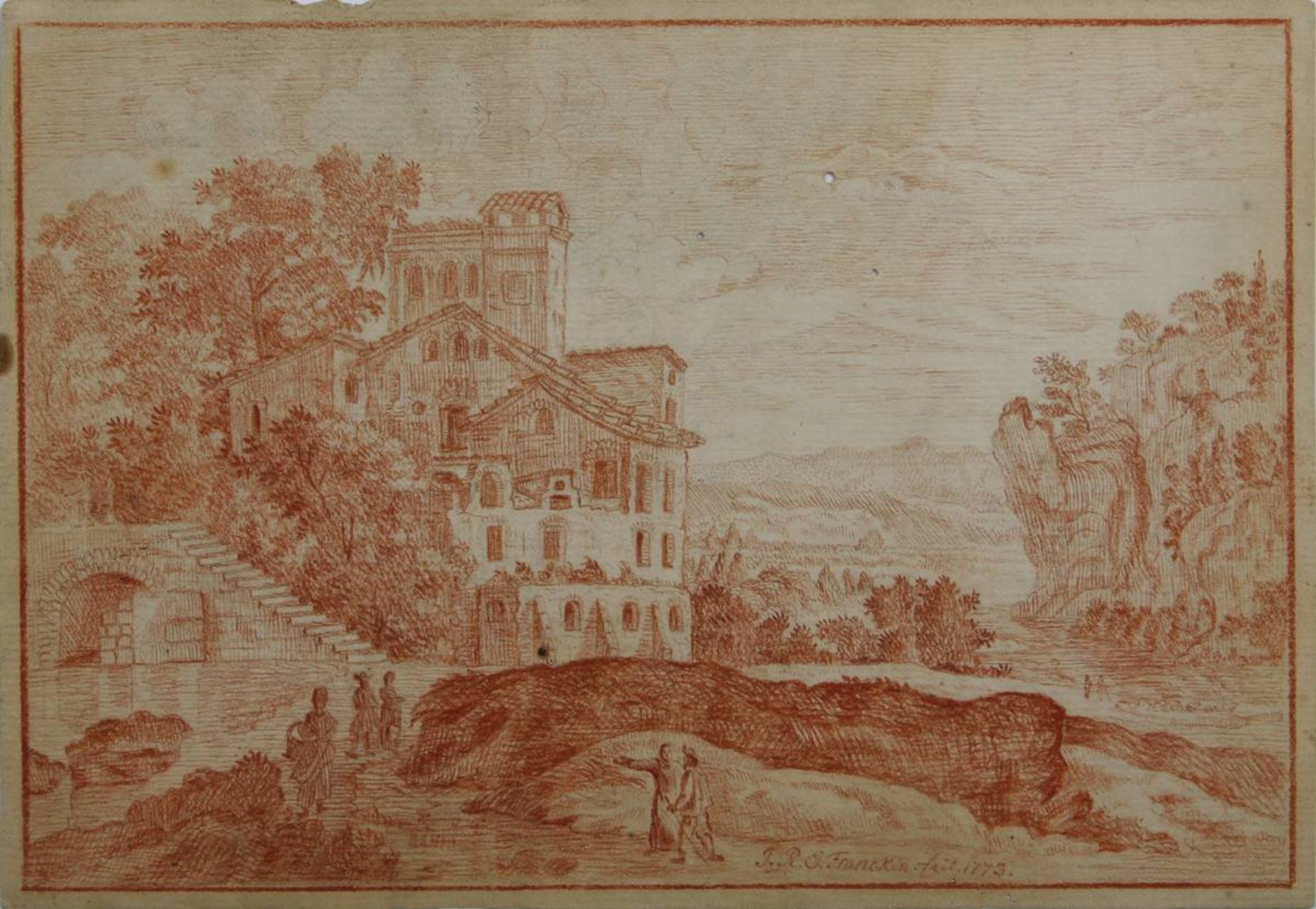 Francken, J. R.E., Zeichner 18.Jh., Blick in eine Landschaft mit Gebäudeanlage u.