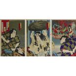 Toyohara Kunichika (1835 - 1900), 3 japanische Farbholzschnitte, Triptychon mit den Schauspielern