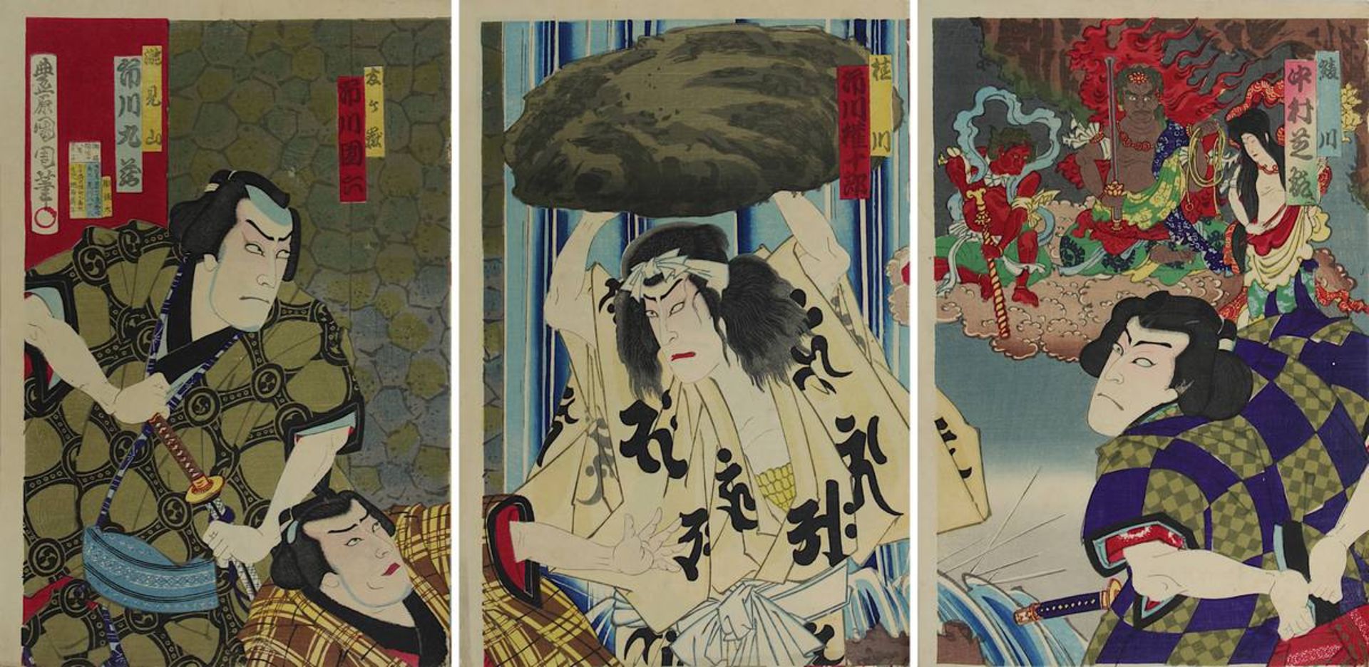 Toyohara Kunichika (1835 - 1900), 3 japanische Farbholzschnitte, Triptychon mit den Schauspielern