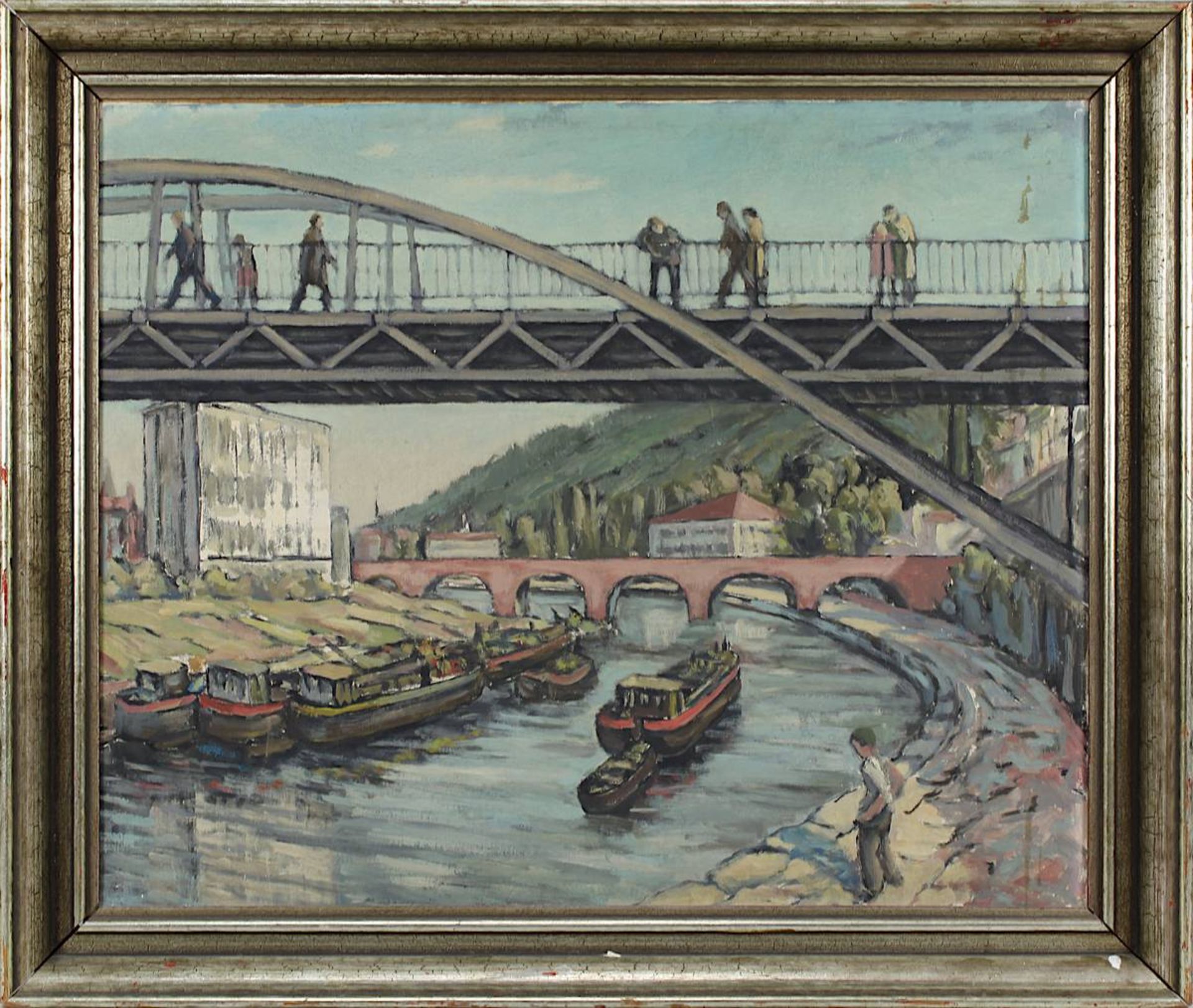 Saarländischer Maler M. 20. Jh., Blick auf die Alte Brücke in Saarbrücken mit Saarkähnen und