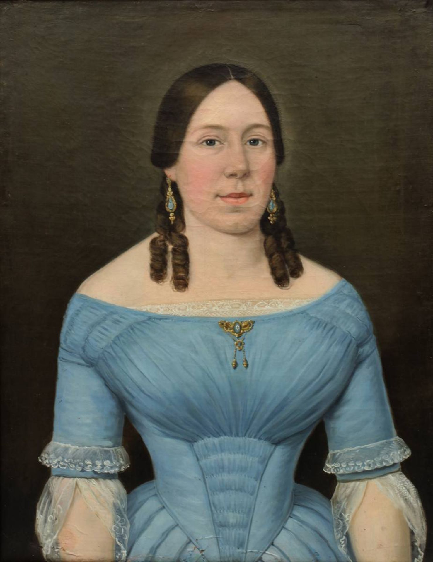 Biedermeier-Portrait einer jungen Dame im blauen Kleid, deutsch um 1830, Öl auf Leinwand, - Bild 2 aus 3