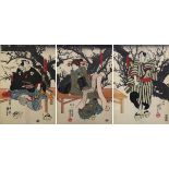 Utagawa Kuniyoshi (1798 - 1861), 3 japanische Farbholzschnitte, Triptychon mit Theaterszene,