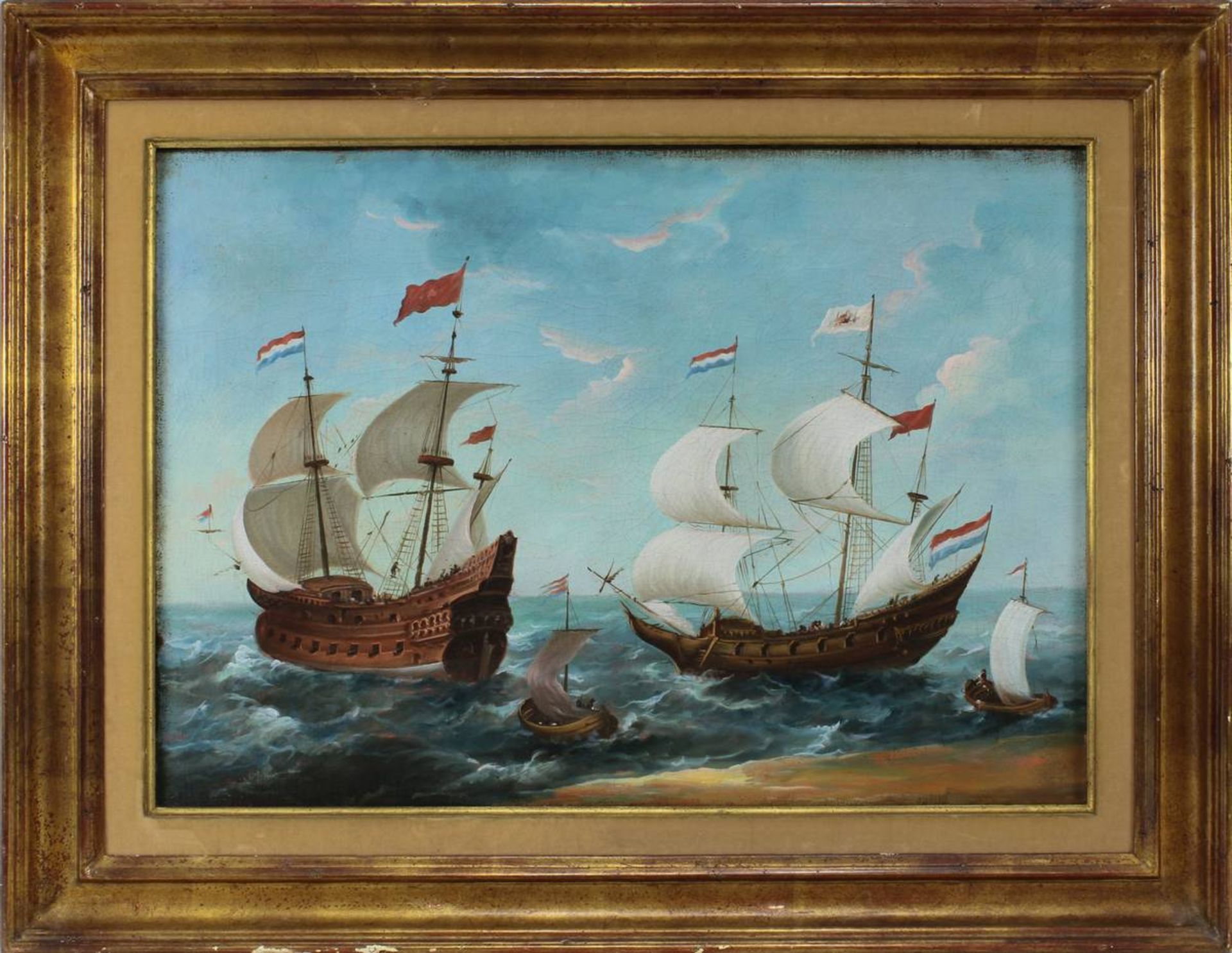 Französischer Marinemaler, 1. H. 19. Jh., Zwei französische Segelschiffe und Boote im Wellengang, Öl