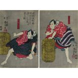 Utagawa Kuniyoshi (1798 - 1861), Zwei zusammengehörige japanische Farbholzschnitte mit Theaterszene,