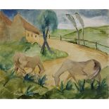 Korn, Gertrud (Leislau/Camburg 1879 - 1927 Weimar), Landschaft mit Pferden, Aquarell über Bleistift,