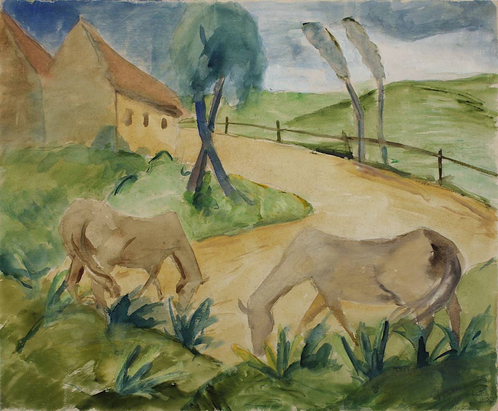 Korn, Gertrud (Leislau/Camburg 1879 - 1927 Weimar), Landschaft mit Pferden, Aquarell über Bleistift,