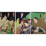 Toyohara Kunichika (1835 - 1900), 3 japanische Farbholzschnitte, Triptychon mit Theaterszene,