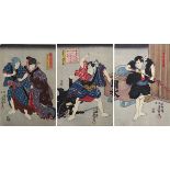 Utagawa Kunisada (1786 - 1865), 3 japanische Farbholzschnitte, Triptychon mit Theaterszene,